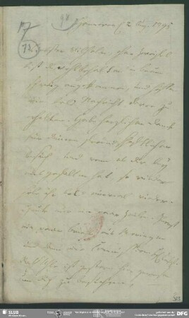 Eigenh. Brief von Johann Carl Fürchtegott Schlegel an August Wilhelm von Schlegel, Hannover, 02.08.1795
