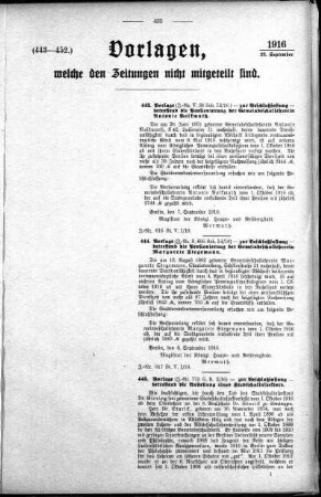 Anlage:(443-452), Vorlagen, welche den Zeitungen nicht mitgeteilt sind, 23. September 1916