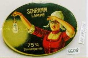 Taschenspiegel mit Werbeaufdruck "SCHRAMM LAMPE 75 % Stromersparnis" (Abbildung junger Frau in Tracht mit Glühlampe in der Hand)