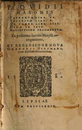 P. Ovidii Nasonis Fastorvm Libr. VI.