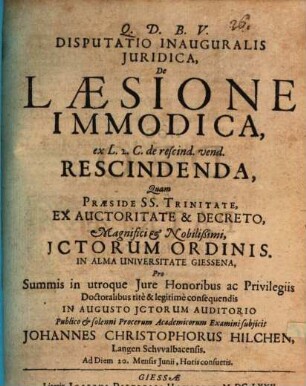 Disp. inaug. iur. de laesione immodica, ex L. 2. C. de rescind. vend., rescindenda