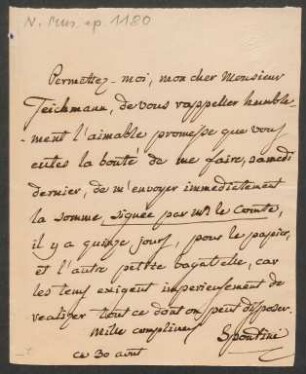 Brief an Johann Valentin Teichmann : 30. Aug., o.J.
