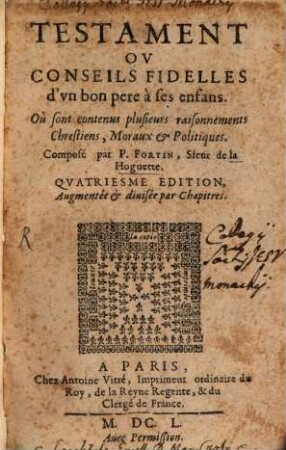 Testament ou conseils fidelles d'un bon pere