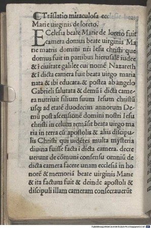 Translatio miraculosa ecclesiae beatae Mariae virginis de Loreto