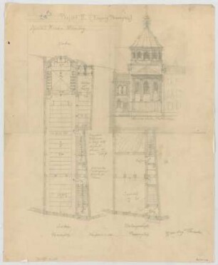Thiersch, August ; Nürnberg (Bayern); Kath. - Apostolische Kirche, Projekt - Grundriss UG, Grundriss Nord u. Süd, Ansicht
