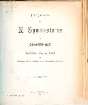 Programm des Königlichen Gymnasiums zu Schwäb. Hall : Schuljahr ..., 1877/78
