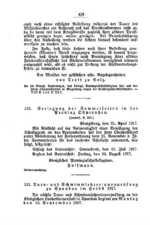 Verlegung der Sommerferien in der Provinz Ostpreußen : [C. Allgemeine Angelegenheiten der Unterrichtsanstalten]