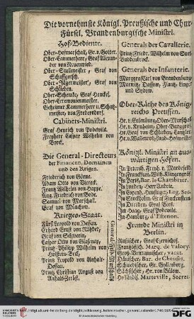 Die vornehmste königl. Preußische und Chur. Fürstl. Brandenburgische Ministri