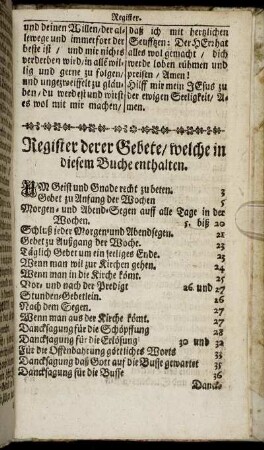 Register derer Gebete/ welche in diesem Buche enthalten.