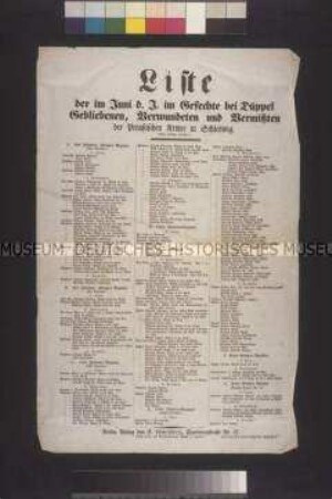 Maueranschlag: Liste der im Juni d. J. im Gefechte bei Düppel Gebliebenen, Verwundeten und Vermißten der Preußischen Armee in Schleswig; undatiert