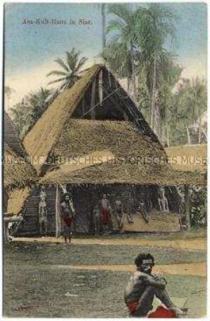 Einheimische vor Zeremonialhaus in Siar, Deutsch-Neuguinea