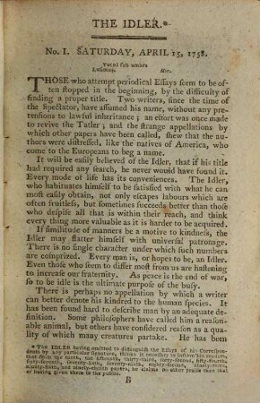 The Idler. 1758/60, 1758/60 = No. 1 - 103. And additional essays