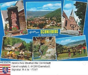 Schneeberg im Odenwald / Grußpostkarte mit Madonna, Teilansicht, Wallfahrtskirche, Schützenhaus, Siegfriedsquelle und Kinderspielplatz