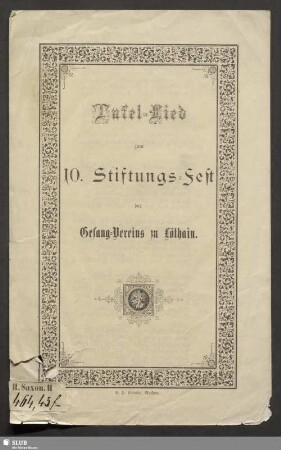 Tafel-Lied zum 10. Stiftungs-Fest des Gesang-Vereins zu Löthain