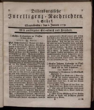 I. Stück. Sonnabends: den 2. Januar 1779.