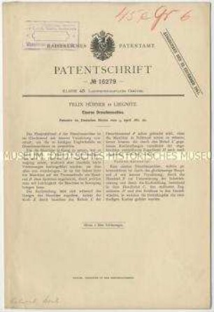 Patentschrift einer eisernen Dreschmaschine, Patent-Nr. 16279