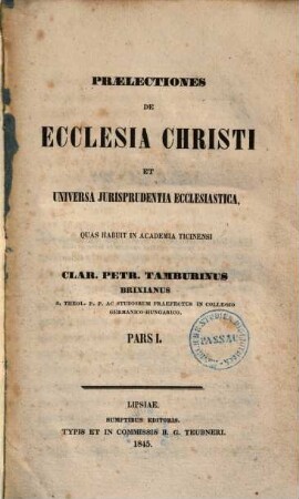 Praelectiones de ecclesia Christi et universa jurisprudentia ecclesiastica, 1