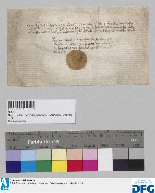 Wilhelm von Riethain, Egloff von Riethain, Ulrich von Riethain jun., Heinrich von Kirchberg und Heintz von Eglingen melden der Stadt Nürnberg, dass sie in Hilpolts vom Stein Fried und Unfried ständen. - Siegler: Wilhelm von Riethain.