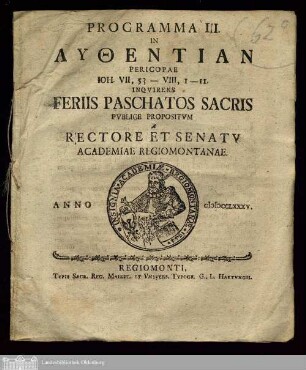 Programma 3: Feriis Paschatos Sacris Pvblice Propositvm A Rectore Et Senatv Academiae Regiomontanae