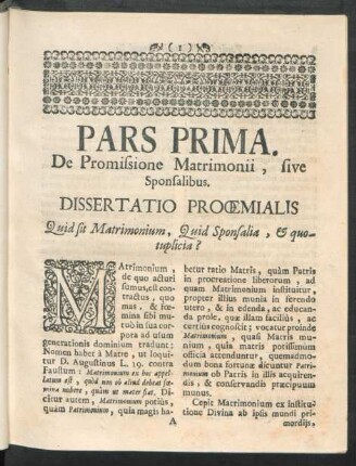 Pars Prima. De Promissione Matrimonii, sive Sponsalibus