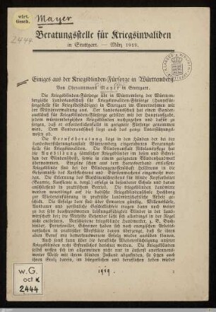 Einiges aus der Kriegsblinden-Fürsorge in Württemberg