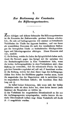 I. Zur Bestimmung der Constanten des Bifilarmagnetometers