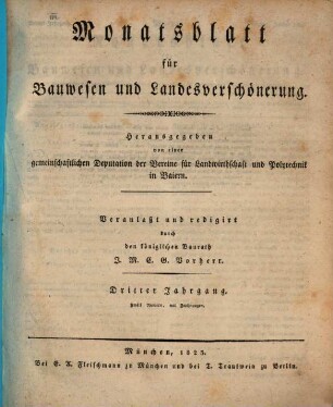 Monatsblatt für Bauwesen und Landesverschönerung : herausgegeben von einer gemeinschaftlichen Deputation der Vereine für Landwirthschaft und Polytechnik in Baiern. 3. 1823