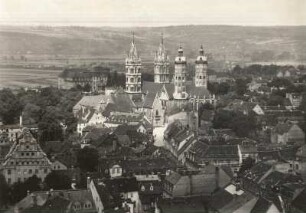 Naumburg (Saale), Blick auf Dom, Oberlandesgericht und Saalelandschaft vom Turm der Stadtkirche St. Wenzel