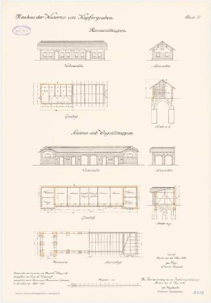 Kaserne Kaiser-Alexander-Gardegrenadier-Regiment (Am Kupfergraben), Berlin: Scheiben- und Wagenschuppen: Grundriss Fundamente, Erdgeschoss, Sparrenlage, Querschnitt, Seitenansicht, Vorderansicht 1:100