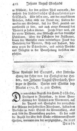 Neue Apologie des Sokrates, oder Untersuchung der Lehre von der Seeligkeit der Heiden. Bd.1.