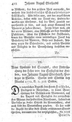 Neue Apologie des Sokrates, oder Untersuchung der Lehre von der Seeligkeit der Heiden. Bd.1.
