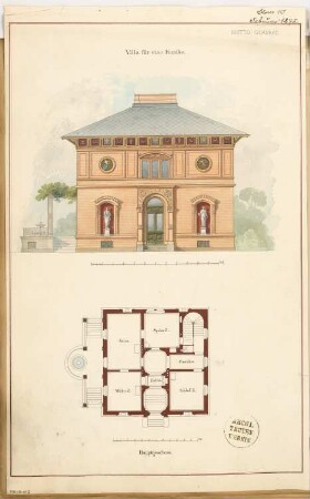 Villa Monatskonkurrenz Februar 1875: Grundriss Erdgeschoss, Aufriss Straßenansicht; 2 Maßstabsleisten