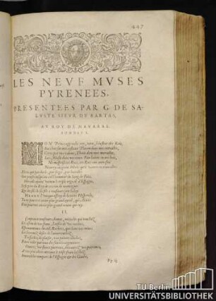 Les Neuf Muses Pyrenees, Presentees Par G. De Saluste Sieur Du Bartas, Au Roy De Navarre. Sonnet I.