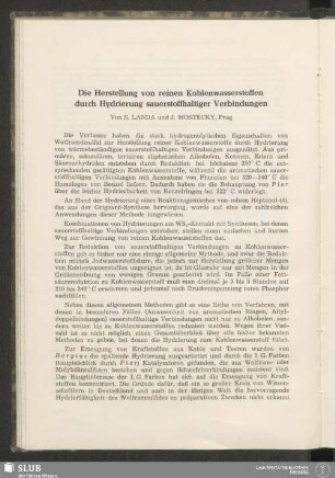 Die Herstellung von reinen Kohlenwasserstoffen durch Hydrierung sauerstoffhaltiger Verbindungen