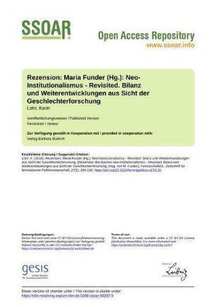 Rezension: Maria Funder (Hg.): Neo-Institutionalismus - Revisited. Bilanz und Weiterentwicklungen aus Sicht der Geschlechterforschung