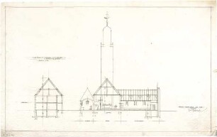 Gsaenger, Gustav; Braunschweig - Lehndorf (Niedersachsen); Ev. Kirche mit Pfarrhaus und Gemeindesaal - Entwurf (Schnitte)