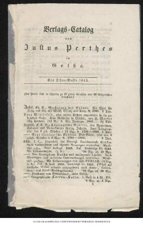 Ostermesse 1843: Verlags-Catalog von Justus Perthes in Gotha. Bis Oster-Messe 1843.