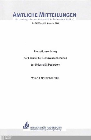 Promotionsordnung der Fakultät für Kulturwissenschaften der Universität Paderborn : vom 10. November 2006