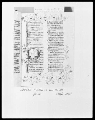 Deutschordensbrevier für die Ballei Utrecht — Initiale D (ominus), darin David mit einem Spruchband, Folio 26recto