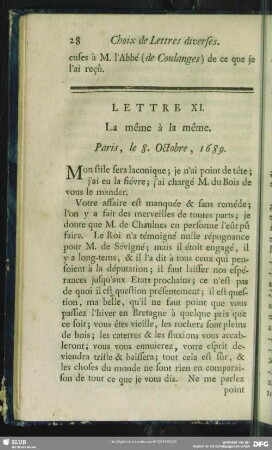 Lettre XI. La même à la même. Paris, le 8. Octobre, 1689