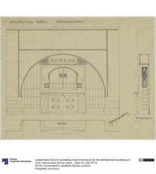 Ausstattung dreier Wohnräume für die internationale Ausstellung in Turin, Hesssisches Zimmer, Aufriss der Bogenwand mit dem Prunkschrank, Grundriss und Seitenansicht des Schrankes