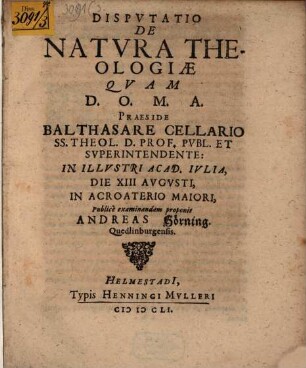Disputatio De Natura Theologiae