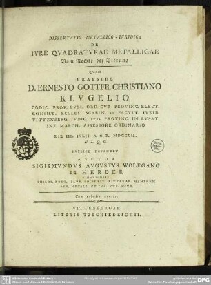 Dissertatio metallico-ivridica de Ivre Quadratvrae metallicae