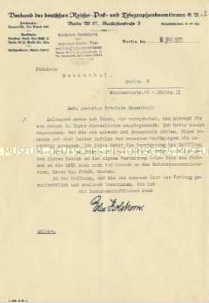 Antwortschreiben auf ein Gesuch einer ehemaligen Postangestellten zur Zahlung von Ruhegeld nach ihrer Entlassung aus dem Postdienst - Familienkonvolut