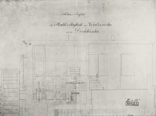 Peitz, Hüttenwerk: Seitenansicht der Mahl-Anstalt des Walzwerkes und der Drehbänke : Peitz, Hüttenwerk