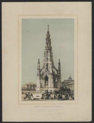 Ansicht des Scott-Denkmal in Edinburgh, Lithographie, 1827 : Scott Monument Edinburgh / John Satilitte del.. J. Gellatly litho. - Edinburgh : W & J Milne , 1827. - 1 Ansicht : Lithografie ; 25 x 17 cm