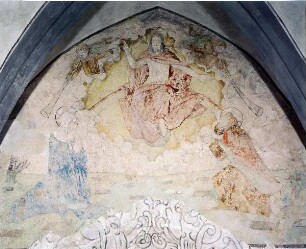 Das Jüngste Gericht. Freiberg, Lorenzkapelle : Freiberg (Sachsen), Rathaus, 1. Obergeschoß des Turms. Kapelle Sankt Laurentius (Lorenzkapelle, um 1430/1440, 1513 geweiht). Das Jüngste Gericht (Christus Pantokrator). Wandmalerei der Südwand (um 1510, Rollwerkornament um 1618)