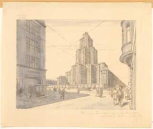 Hochhaus auf einem Baublock im Zentrum Berlins: Perspektivische Ansicht (von Inv.Nr. 9015)