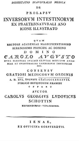 Dissertatio Inauguralis Medica de prolapsu inversorum intestinorum ex praeternaturali ano icone illustrato