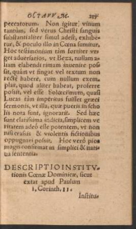 Descriptio Institutionis Coenae Dominicae, sicut extat apud Paulum I. Corinth. II.